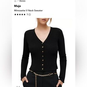 Maje Black V-Neck Sweater with Gold Buttons